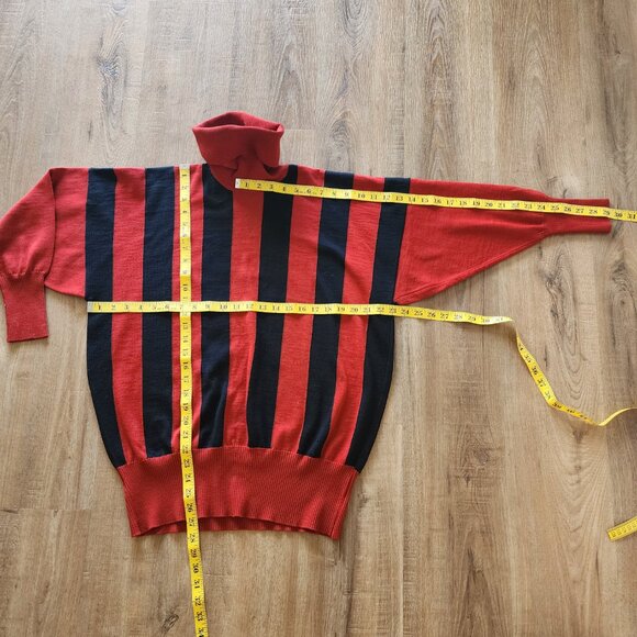 Vintage Jaeger Black Red Striped Dolman Sleeve  Wool Turtleneck Sweater - Picture 4 of 6